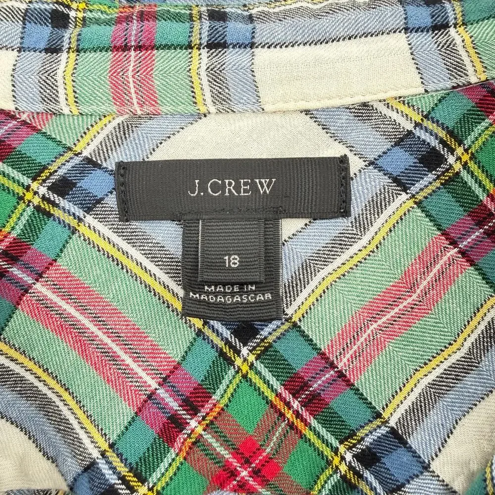 J. Crew Cotton Ivory Blue Green Plaid Plus Tartan Button Down Collared Top